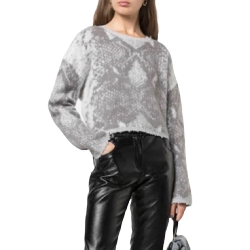 AMIRI cropped cashmere blend gray python print long sleeve pullover sweater